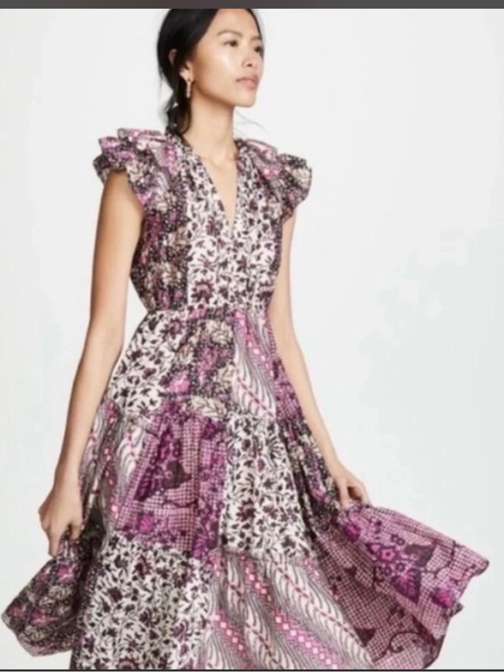 Ulla Johnson Pink Patchwork V-Neck Midi Dress